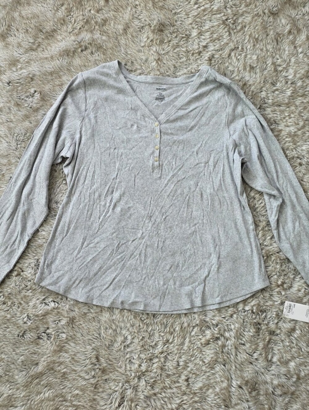 Sonoma Light Gray Ribbed Slim Fit Long Sleeve Henley Top Women's Size 2X